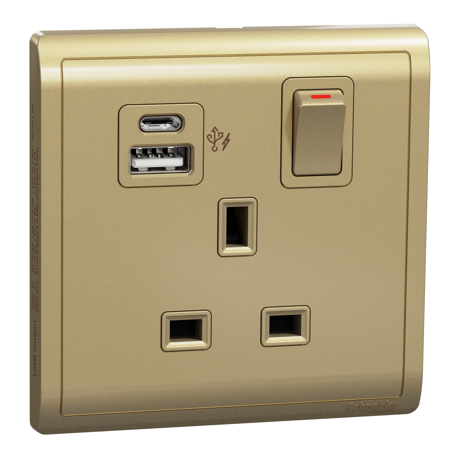 Schneider 施耐德 Pieno 丰尚 13A 單位連保護門有掣雙極插座連兩位USB快速充電插座 Type A+C(沉醉金)E8215DACUSB_WG