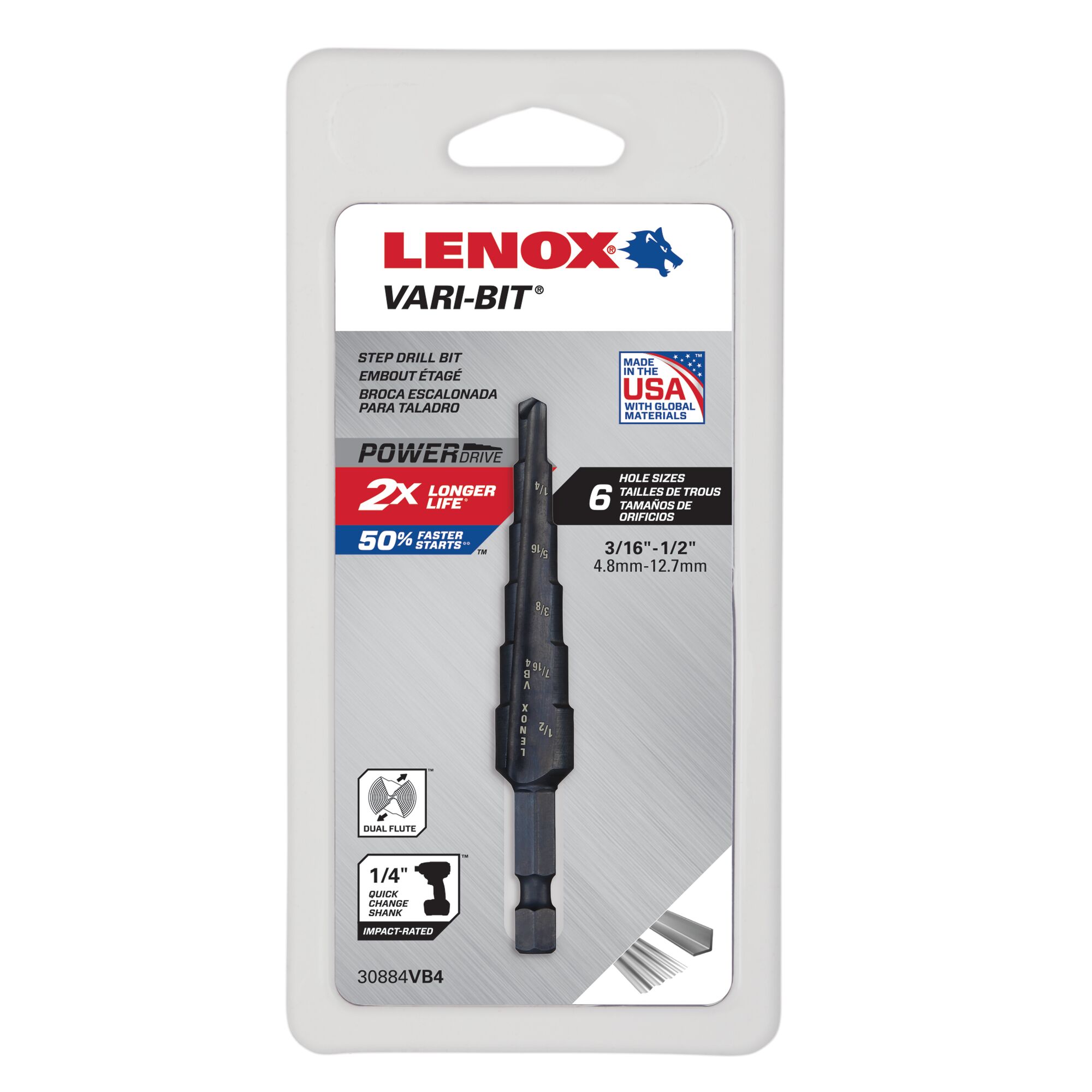 LENOX 狼牌 LE-30884VB4 Vari-Bit 階梯鑽 3/16-1/2 吋 6 孔徑原廠包裝